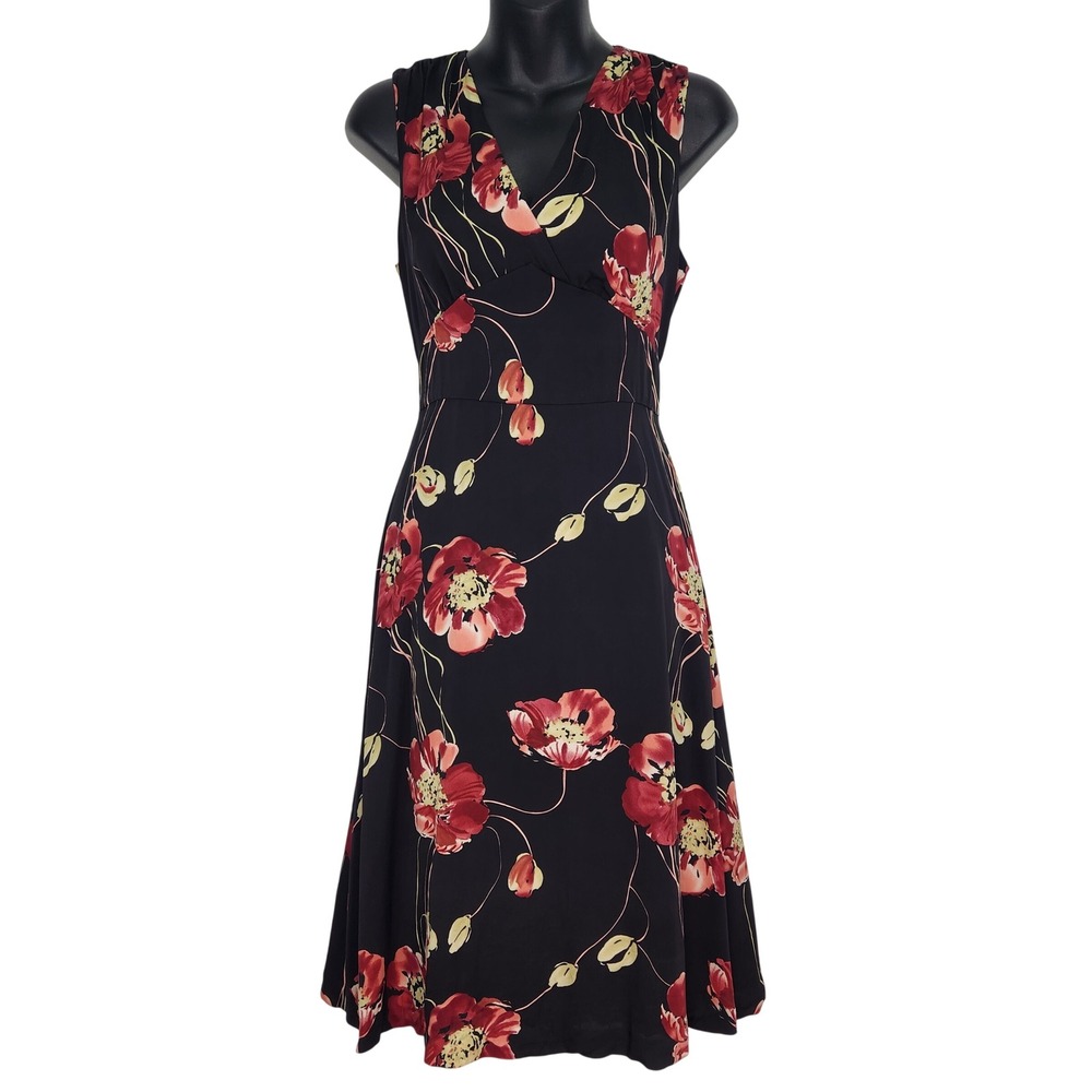 Tommy Bahama Silk Stretch Floral Poppy Midi Dress‎ Black Red Womens 2 Sleeveless